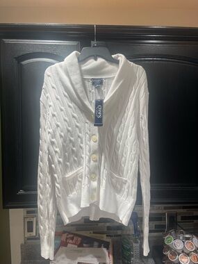 Chaps Cable Knit Button Front Shawl Collar Sweater Cardigan White Women XL